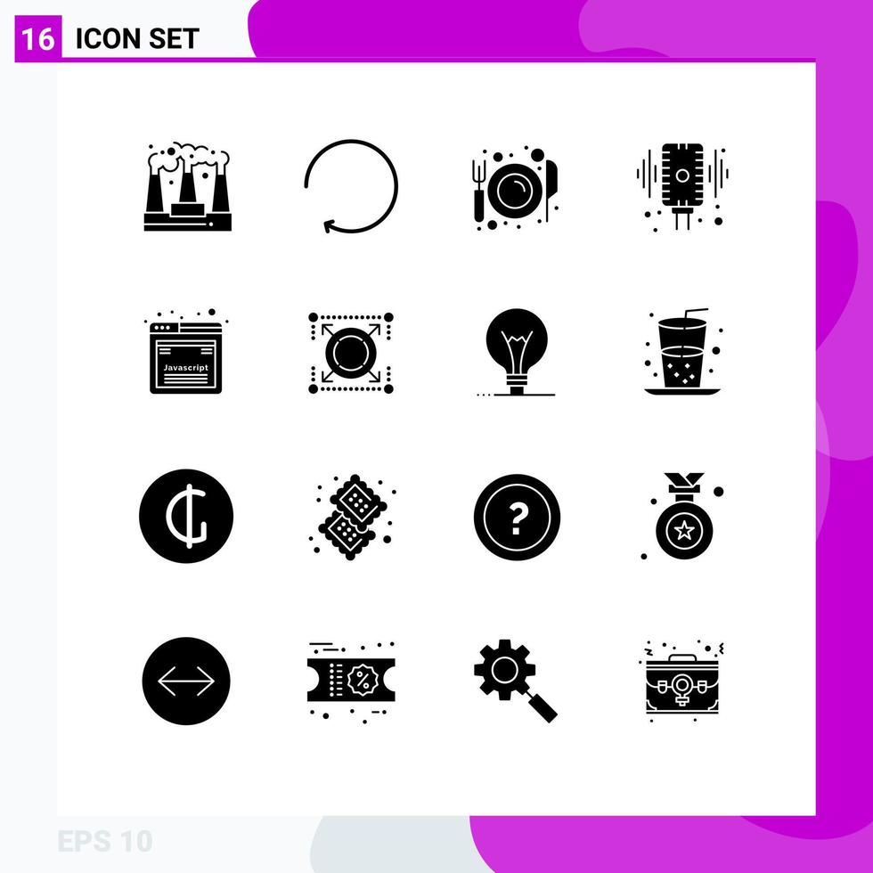 Pack of 16 creative Solid Glyphs of design audio eat mic microphone Editable Vector Design Elements