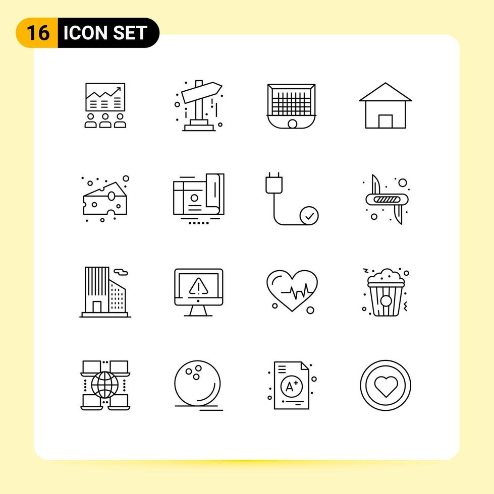 Pack of 16 Modern Outlines Signs and Symbols for Web Print Media such as cottage villa soccer map net gate Editable Vector Design Elements