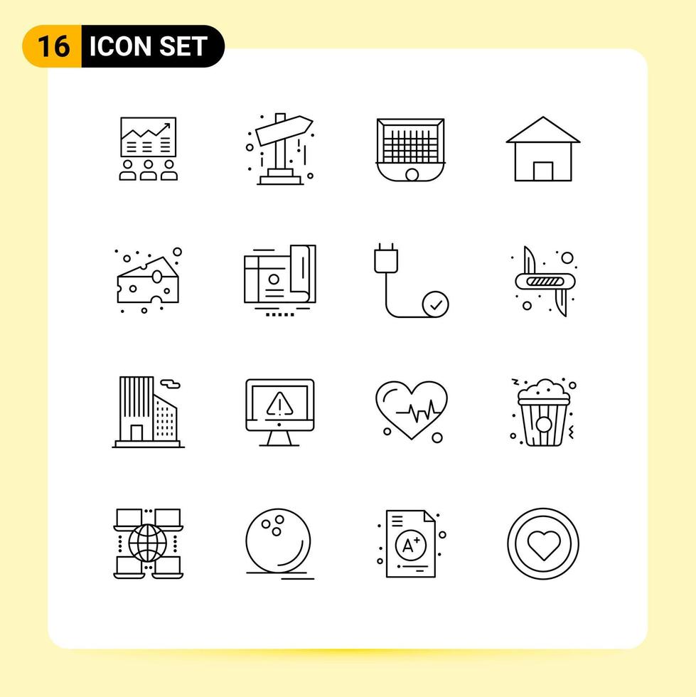 paquete de 16 signos y símbolos de contornos modernos para medios de impresión web, como elementos de diseño de vectores editables de la puerta de red del mapa de fútbol de la villa rural
