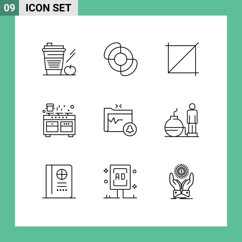 Set of 9 Vector Outlines on Grid for folder cooking crop pan kitchen Editable Vector Design Elements