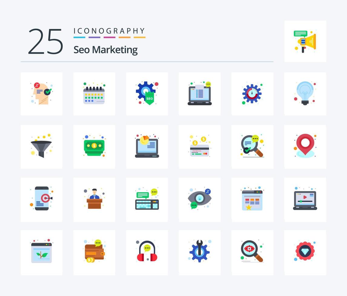 seo marketing paquete de iconos de 25 colores planos que incluye boleto. recibo. cronograma. verificar. engranaje vector