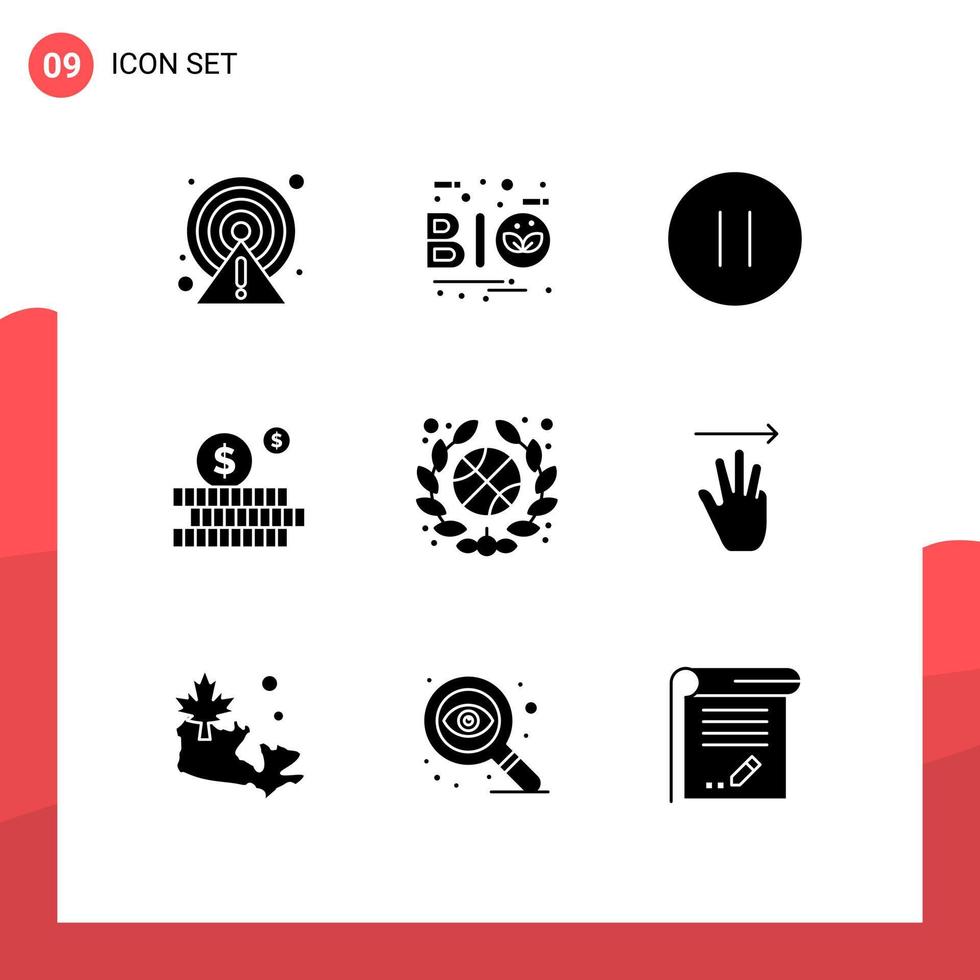Mobile Interface Solid Glyph Set of 9 Pictograms of basketball money leaf investment stop Editable Vector Design Elements