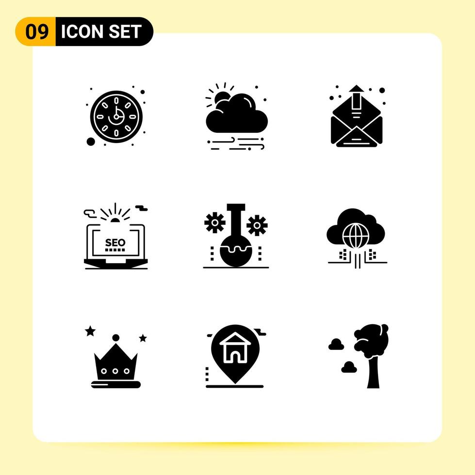 9 Thematic Vector Solid Glyphs and Editable Symbols of lab management bear lab inbox web setting Editable Vector Design Elements