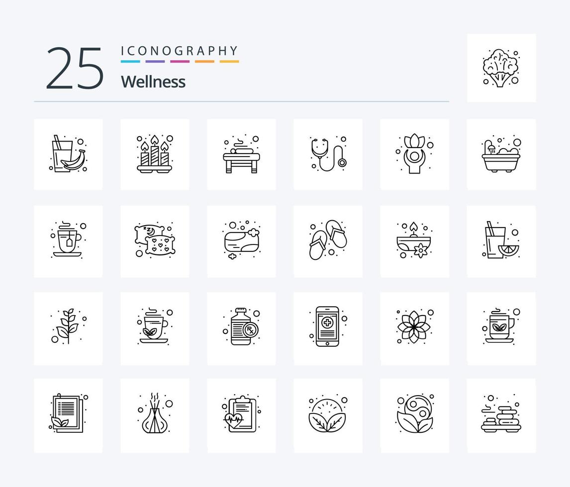 paquete de iconos de 25 líneas de bienestar que incluye ejercicio. medicamento. bandeja. hospital. spa vector