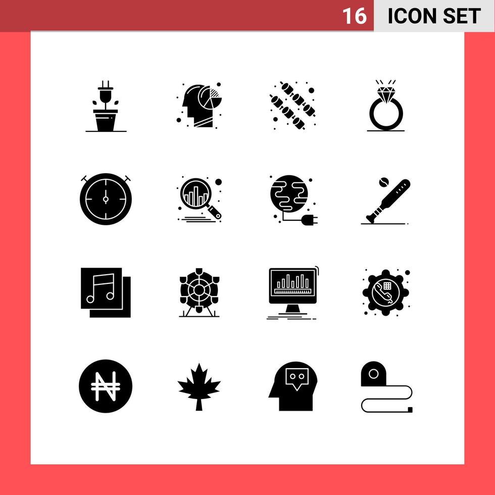 Pictogram Set of 16 Simple Solid Glyphs of timer love food marriage diamound Editable Vector Design Elements