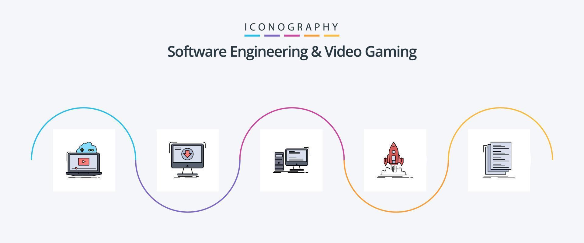 Software Engineering And Video Gaming Line Filled Flat 5 Icon Pack Including shuttle. launch. download. personal. gaming vector