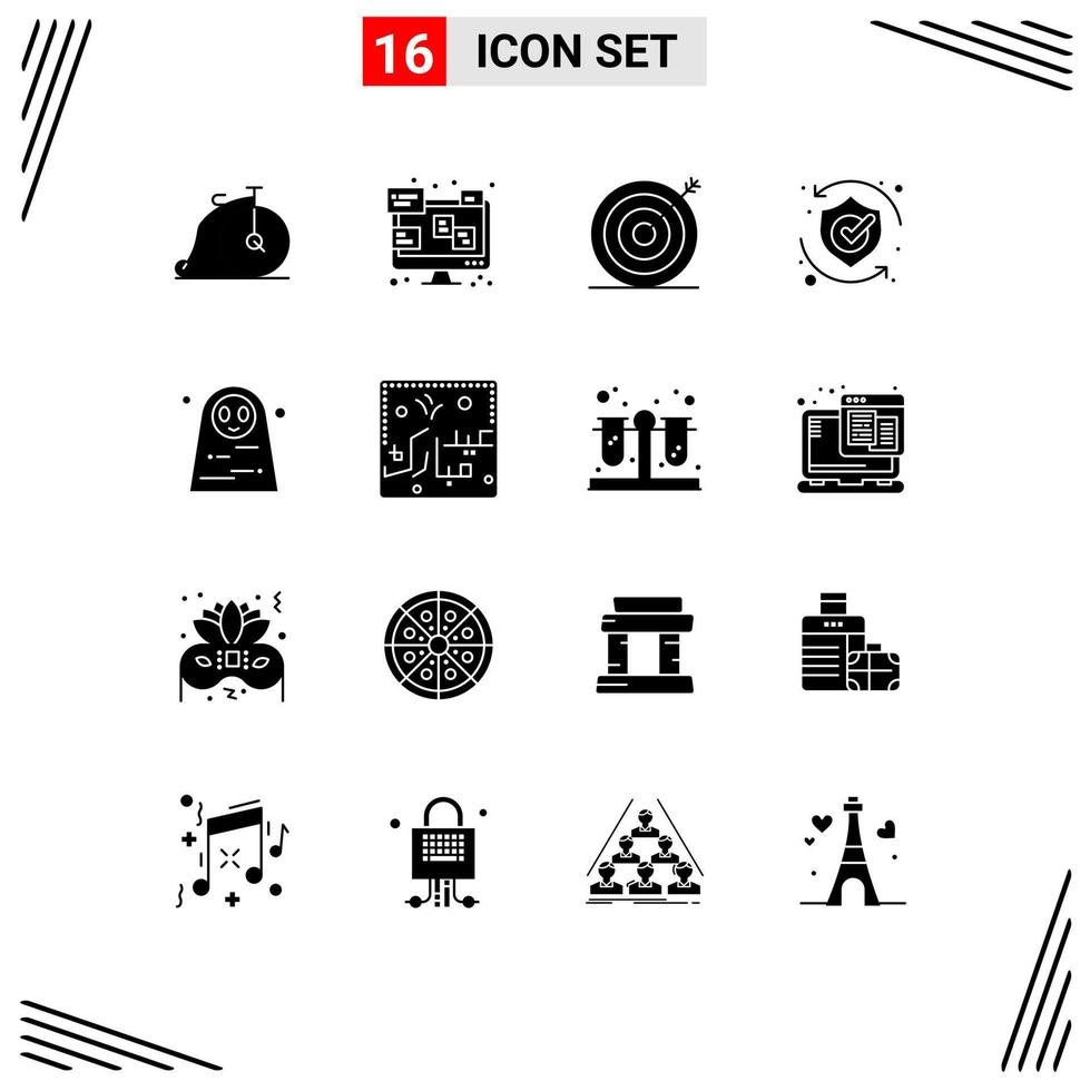 16 User Interface Solid Glyph Pack of modern Signs and Symbols of dead woman shield creative security protect Editable Vector Design Elements