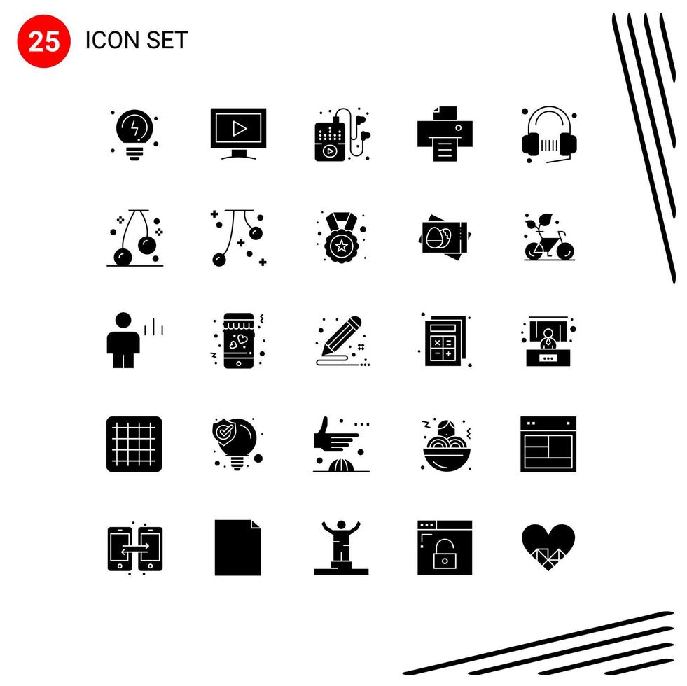 Modern Set of 25 Solid Glyphs Pictograph of song service hobby headphone printer Editable Vector Design Elements