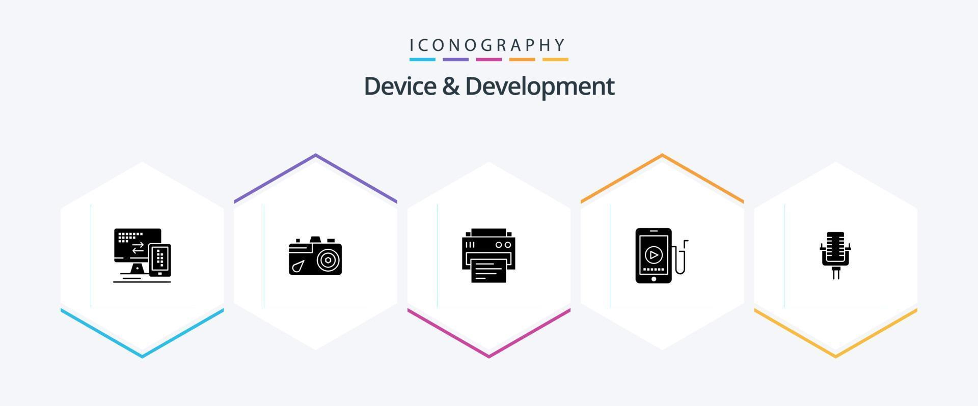 paquete de iconos de 25 glifos de dispositivo y desarrollo que incluye multimedia. educación. impresora. celúla . música vector