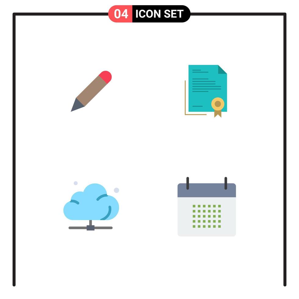 Group of 4 Flat Icons Signs and Symbols for pencil paper write diploma data Editable Vector Design Elements