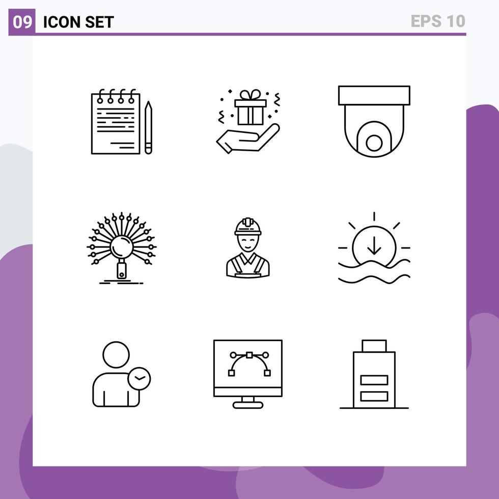 Pictogram Set of 9 Simple Outlines of worker network camera informational data Editable Vector Design Elements