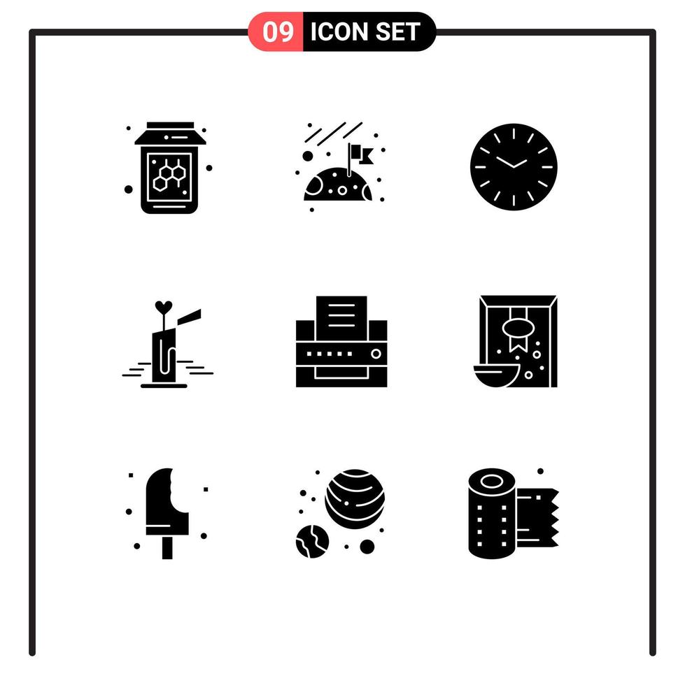 Modern Set of 9 Solid Glyphs and symbols such as cereal office cleaning fax heart Editable Vector Design Elements