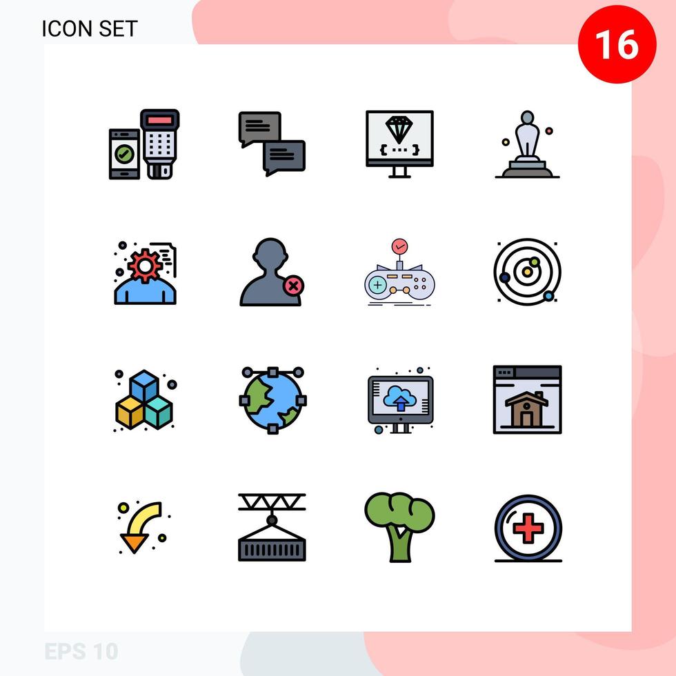 16 Universal Flat Color Filled Line Signs Symbols of development statue computer oscar academy Editable Creative Vector Design Elements