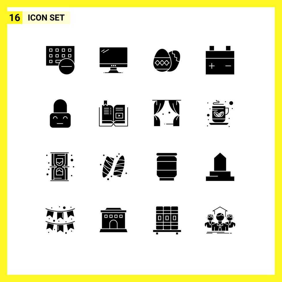 Group of 16 Modern Solid Glyphs Set for control vehicles imac battery holiday Editable Vector Design Elements