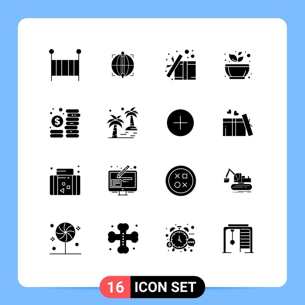 Mobile Interface Solid Glyph Set of 16 Pictograms of rest calm box mortar surprise Editable Vector Design Elements