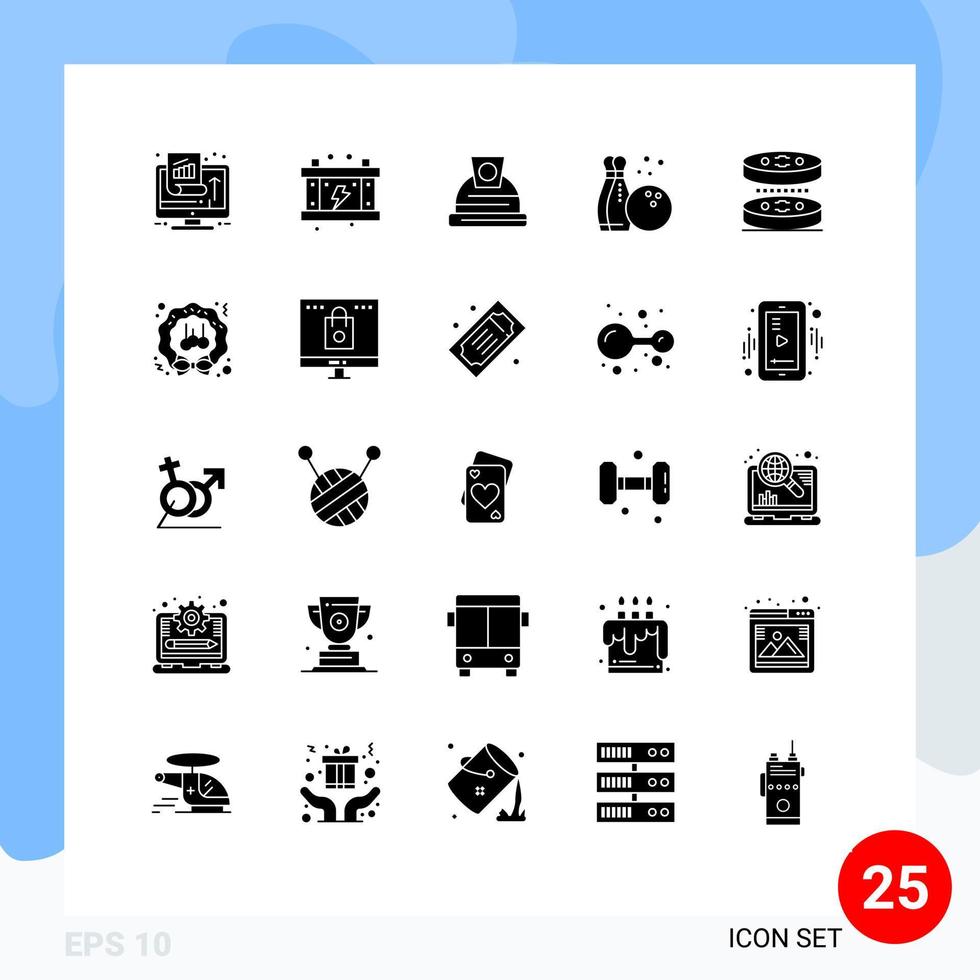 Group of 25 Solid Glyphs Signs and Symbols for laboratory bacteria battery hobby bowling Editable Vector Design Elements