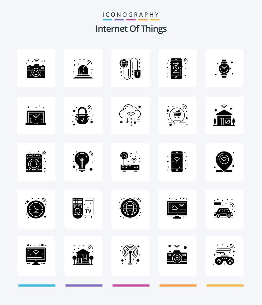 Internet creativo de las cosas Paquete de iconos de 25 glifos en negro sólido como iot. Internet. red. reloj inteligente. en línea vector