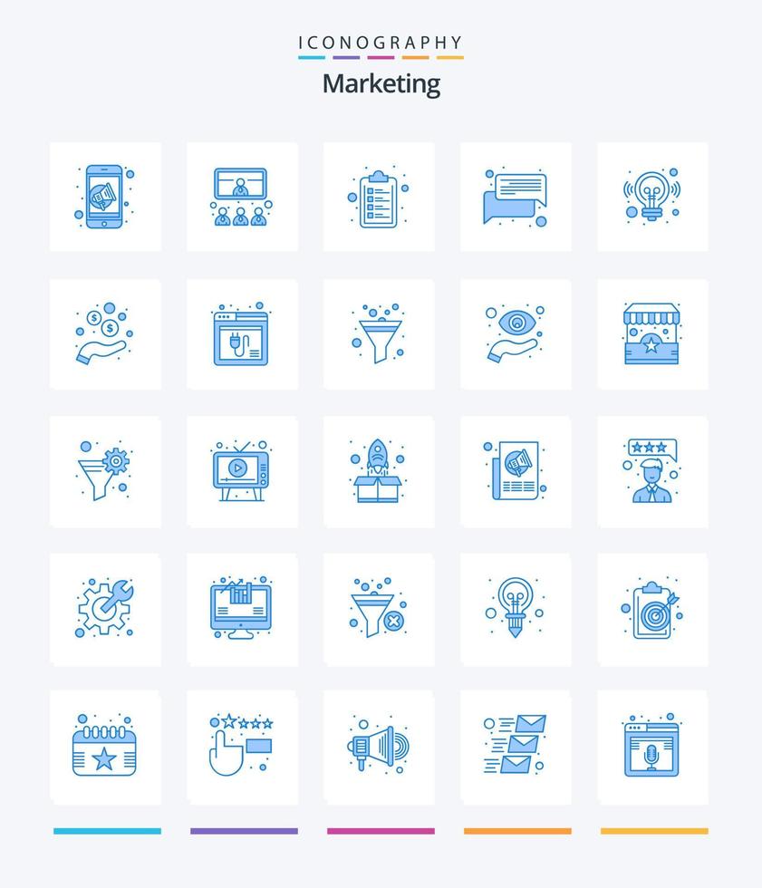 marketing creativo 25 paquete de iconos azules como negocios. mensaje. video. hablar. charlar vector