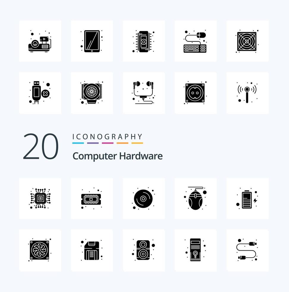 20 Computer Hardware Solid Glyph icon Pack like power battery data technology hardware vector