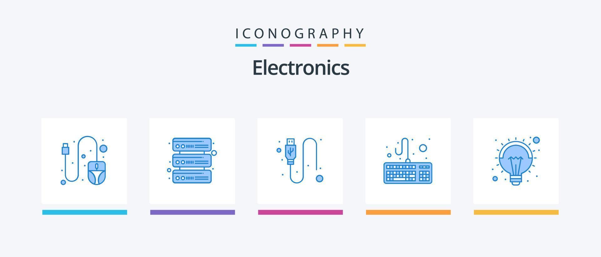 Paquete de 5 íconos de electrónica azul que incluye . luz. USB. idea. teclado. diseño de iconos creativos vector