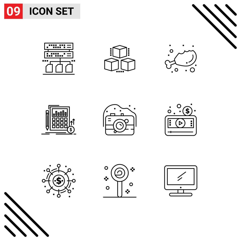 Universal Icon Symbols Group of 9 Modern Outlines of old market diet investment data Editable Vector Design Elements