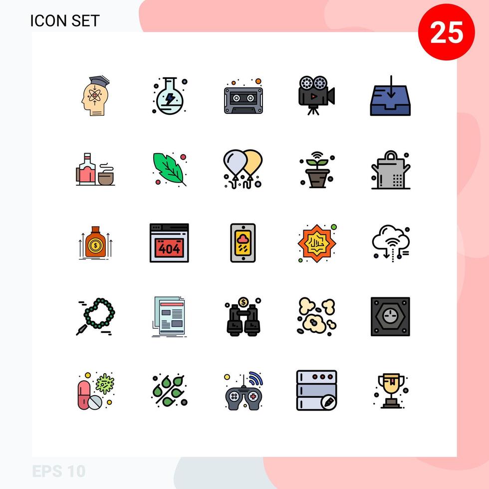 Pictogram Set of 25 Simple Filled line Flat Colors of mail projector flask film camera tape Editable Vector Design Elements