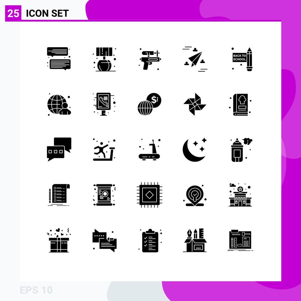Modern Set of 25 Solid Glyphs and symbols such as globe pencil water school back to school paper Editable Vector Design Elements