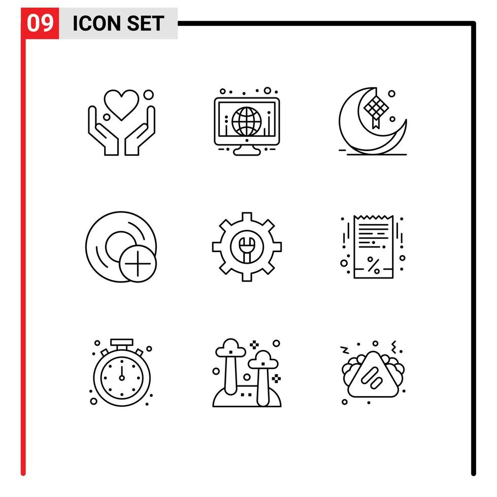 paquete de 9 signos y símbolos de contornos modernos para medios de impresión web, como dispositivos de gadgets, computadoras lunares, elementos de diseño de vectores editables eid