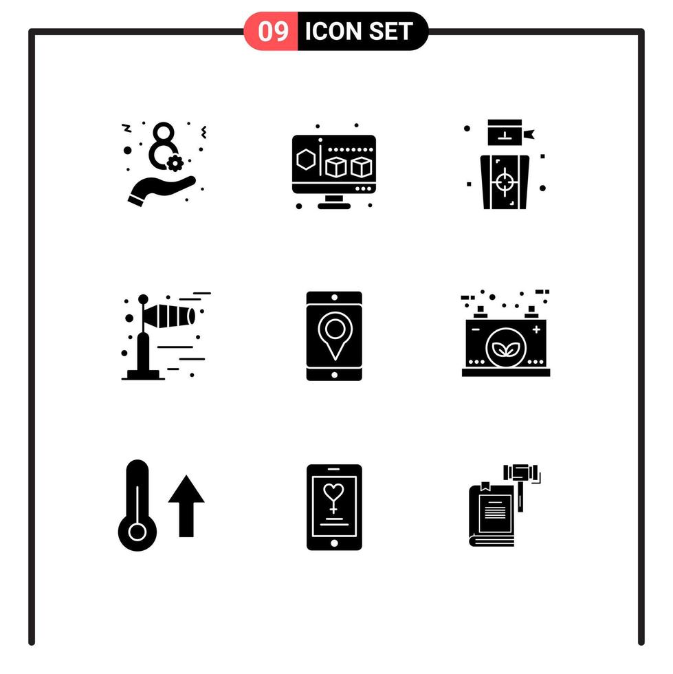 Set of 9 Commercial Solid Glyphs pack for battery map people cell cold Editable Vector Design Elements