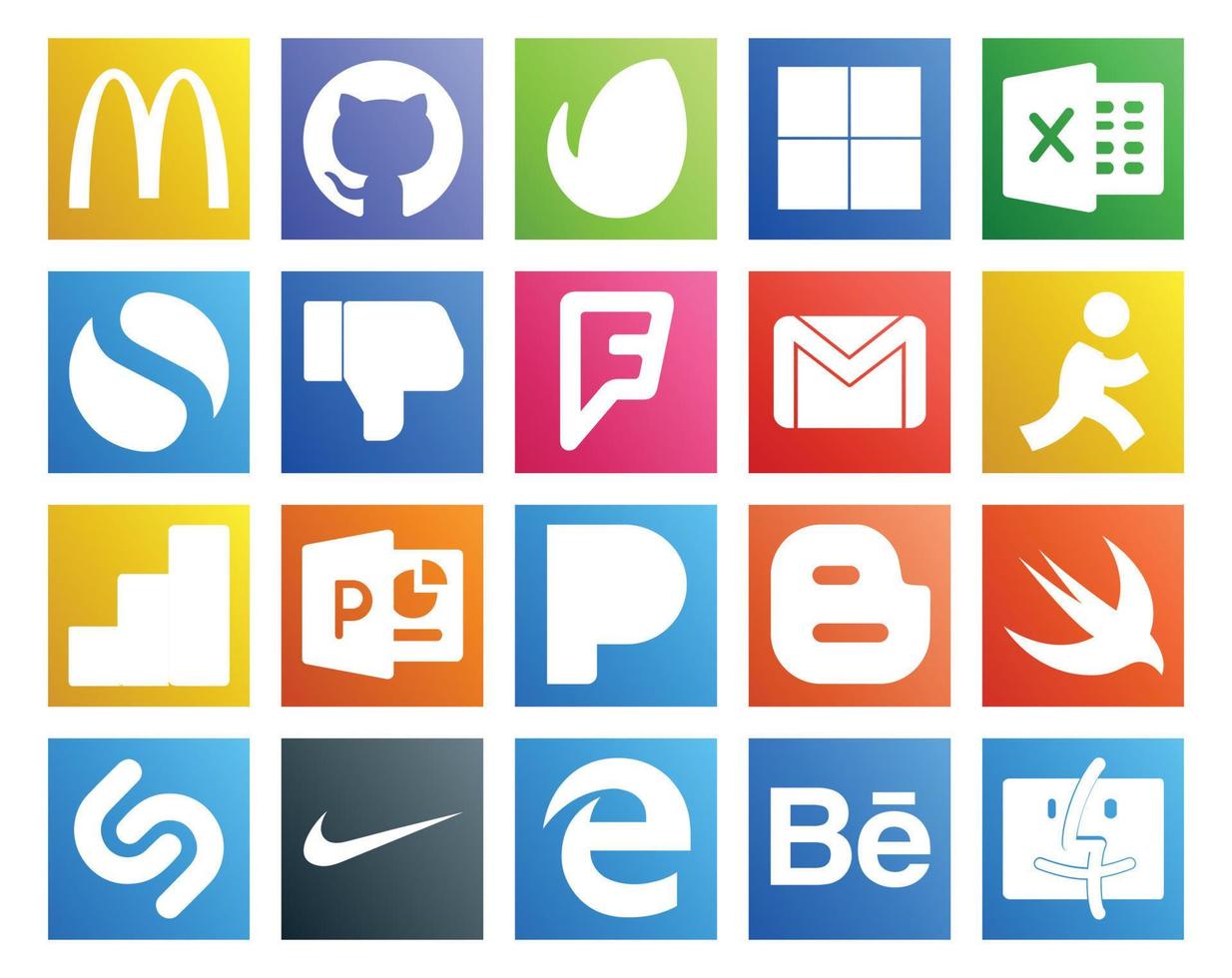 20 Social Media Icon Pack Including shazam blogger gmail pandora google analytics vector