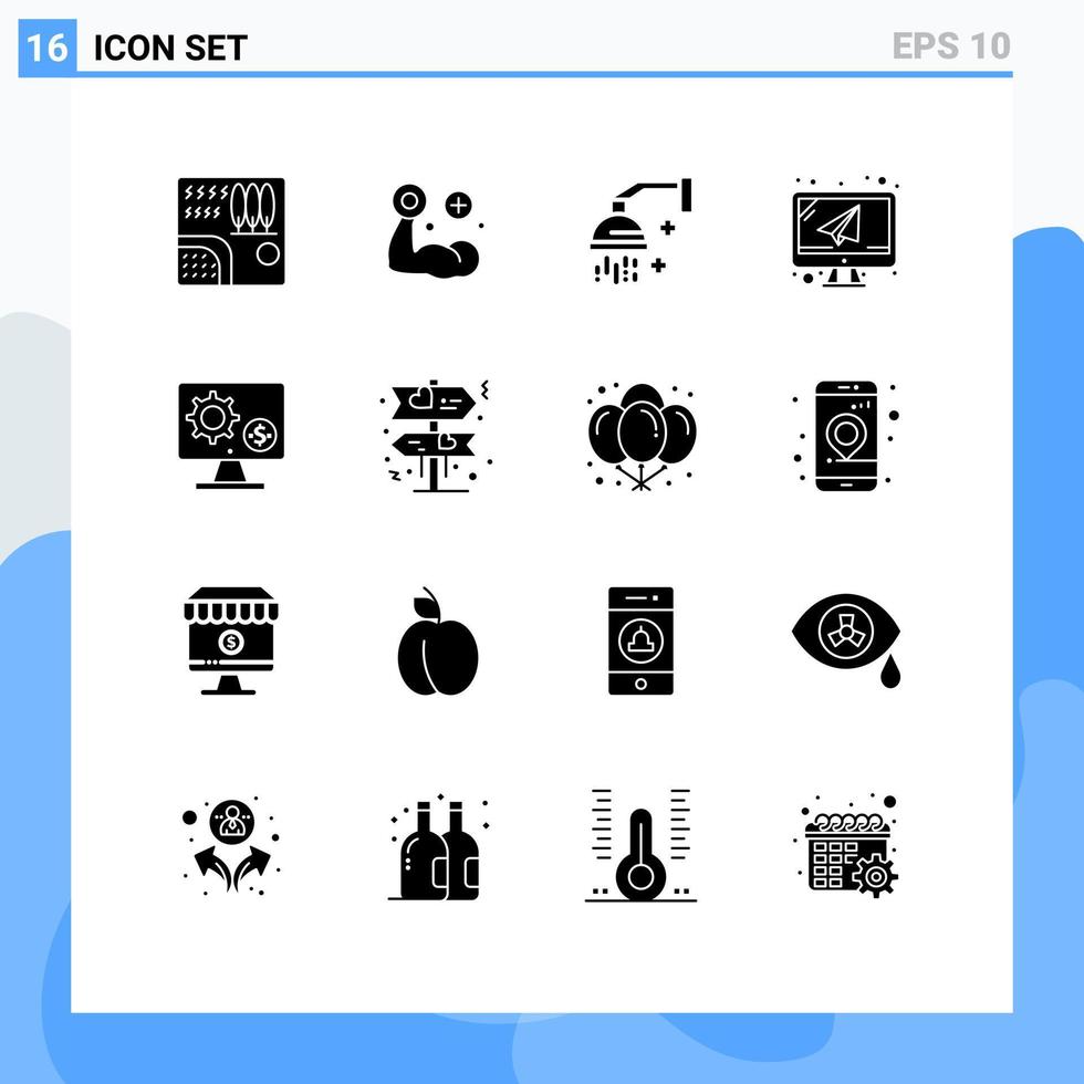 paquete de glifos sólidos de 16 símbolos universales de elementos de diseño de vectores editables de relajación de computadora muscular de correo electrónico