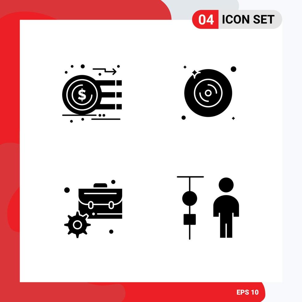 Group of 4 Modern Solid Glyphs Set for analysis briefcase graph dvd finance Editable Vector Design Elements