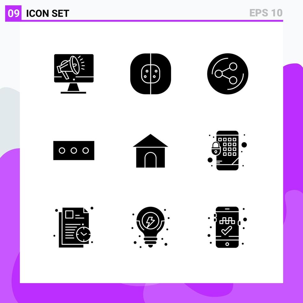 Group of 9 Modern Solid Glyphs Set for house building chemistry security social Editable Vector Design Elements