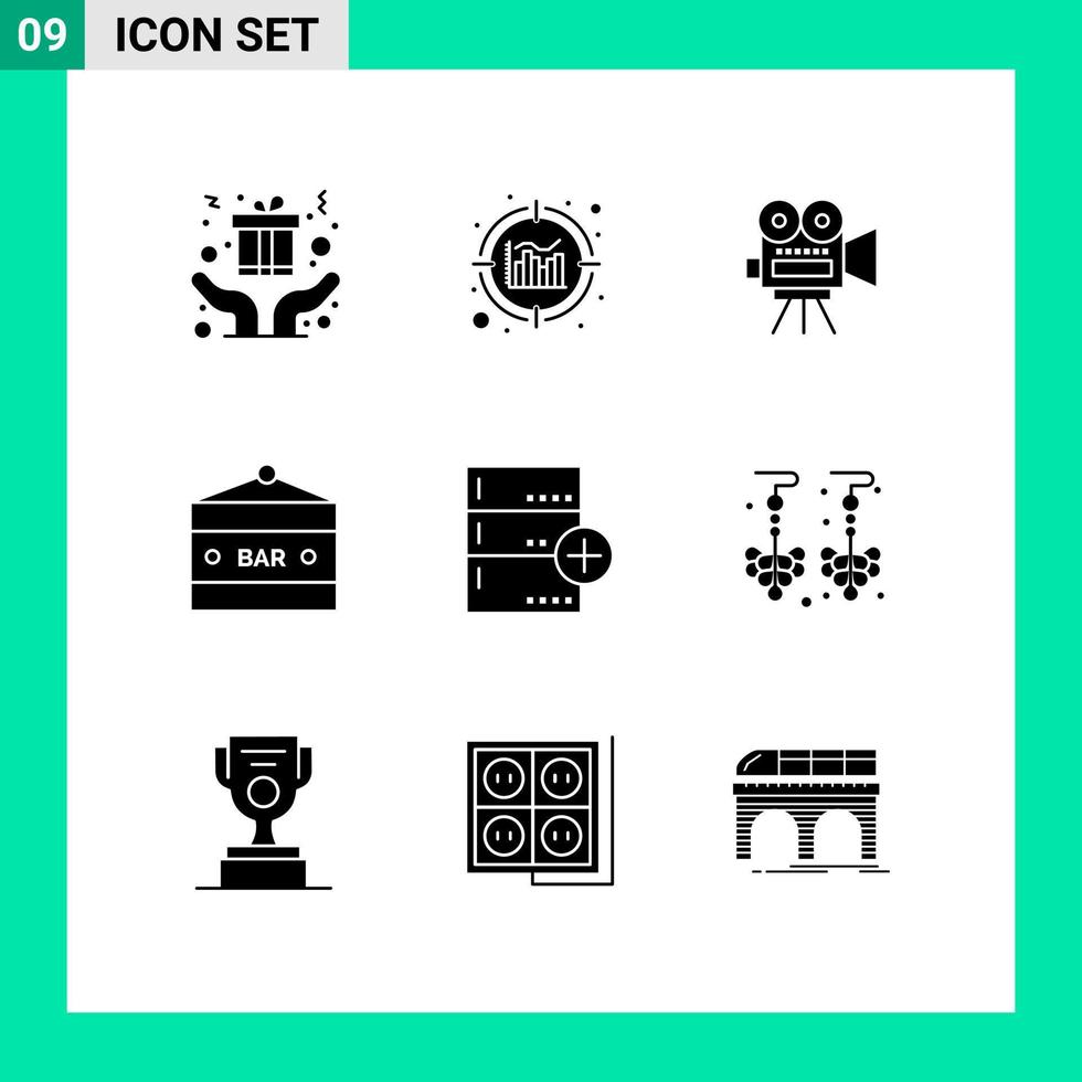 User Interface Pack of 9 Basic Solid Glyphs of backup food and drink movi entertainment bar sign Editable Vector Design Elements