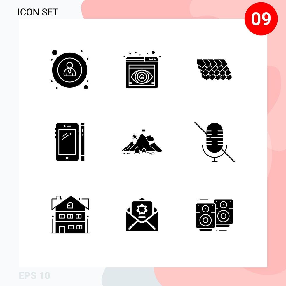 Editable Vector Line Pack of 9 Simple Solid Glyphs of flag pen tile huawei smart phone Editable Vector Design Elements