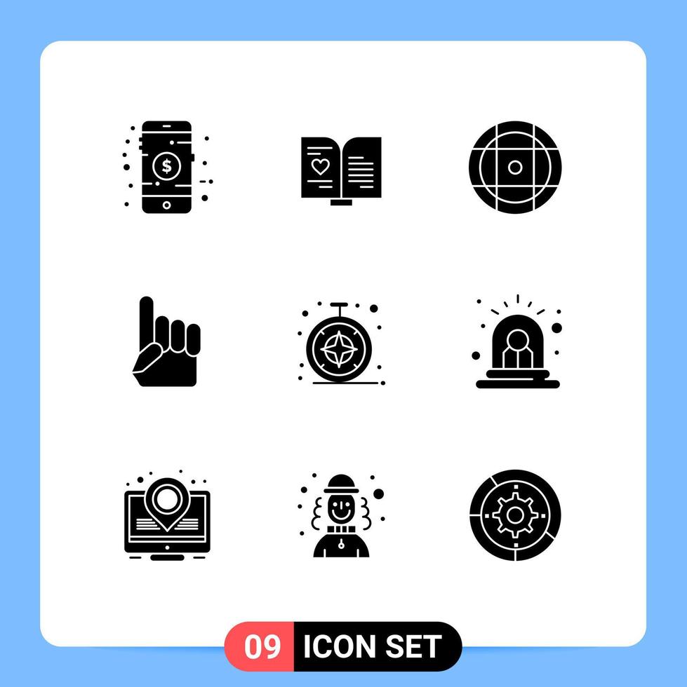 Set of 9 Commercial Solid Glyphs pack for safari browser ball american hand Editable Vector Design Elements