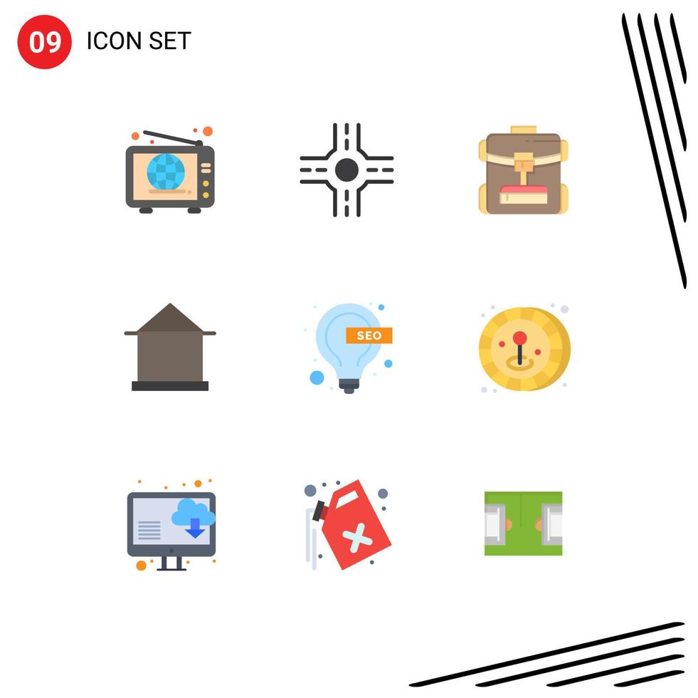 User Interface Pack of 9 Basic Flat Colors of seo idea hotel bulb hut Editable Vector Design Elements