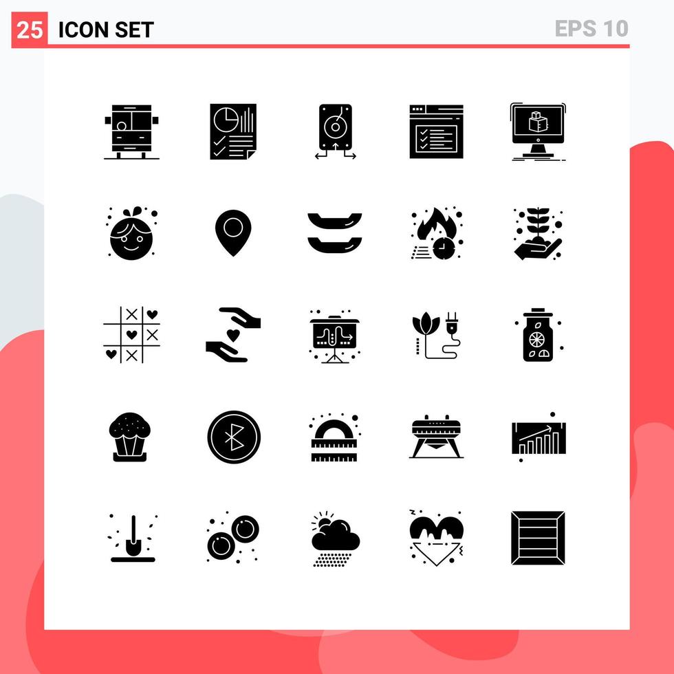 paquete de 25 signos y símbolos de glifos sólidos modernos para medios de impresión web, como informes de páginas web, servidores de Internet, elementos de diseño vectorial editables vector