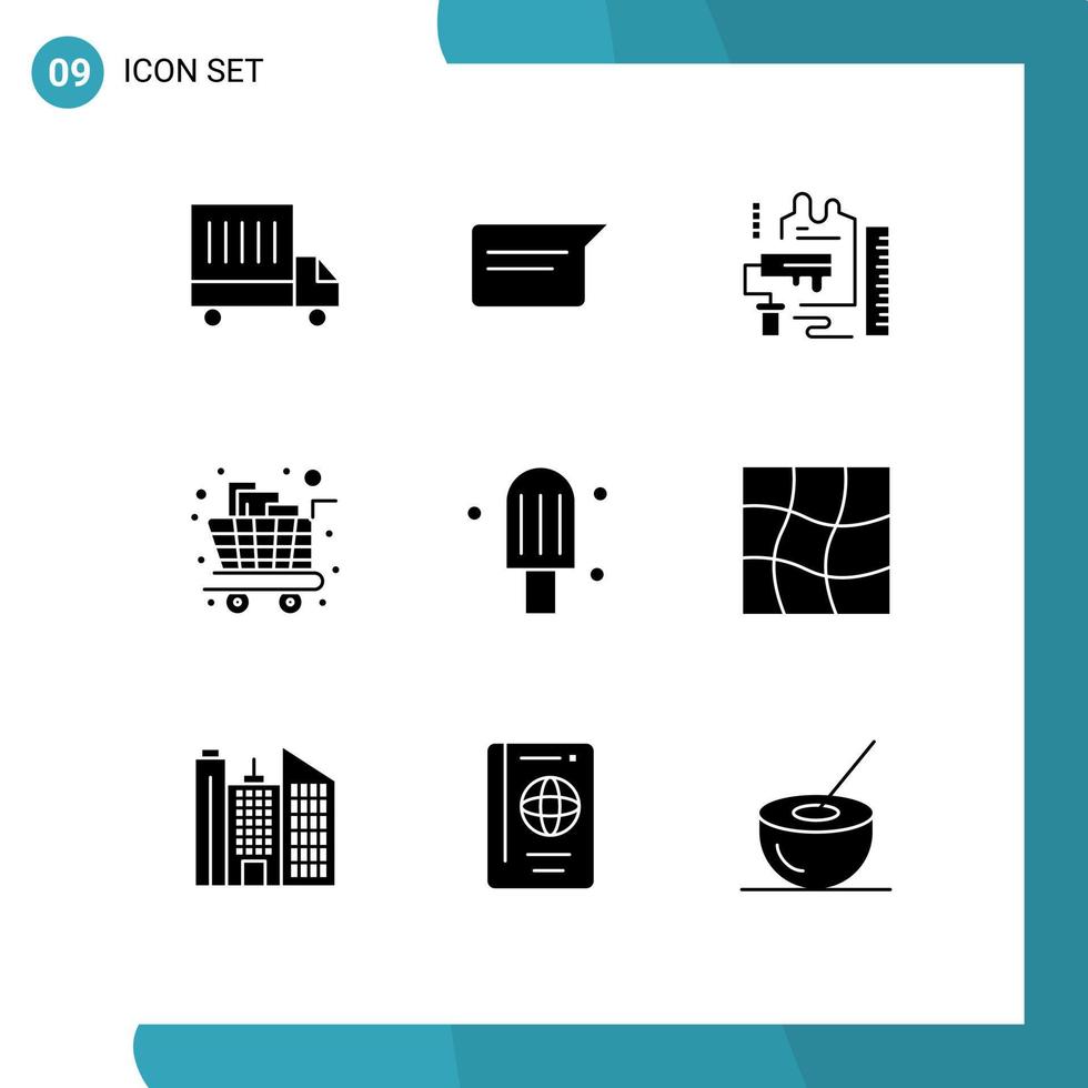 paquete de 9 signos y símbolos de glifos sólidos modernos para medios de impresión web, como elementos de diseño de vectores editables de carrito de compras de pintura de crema