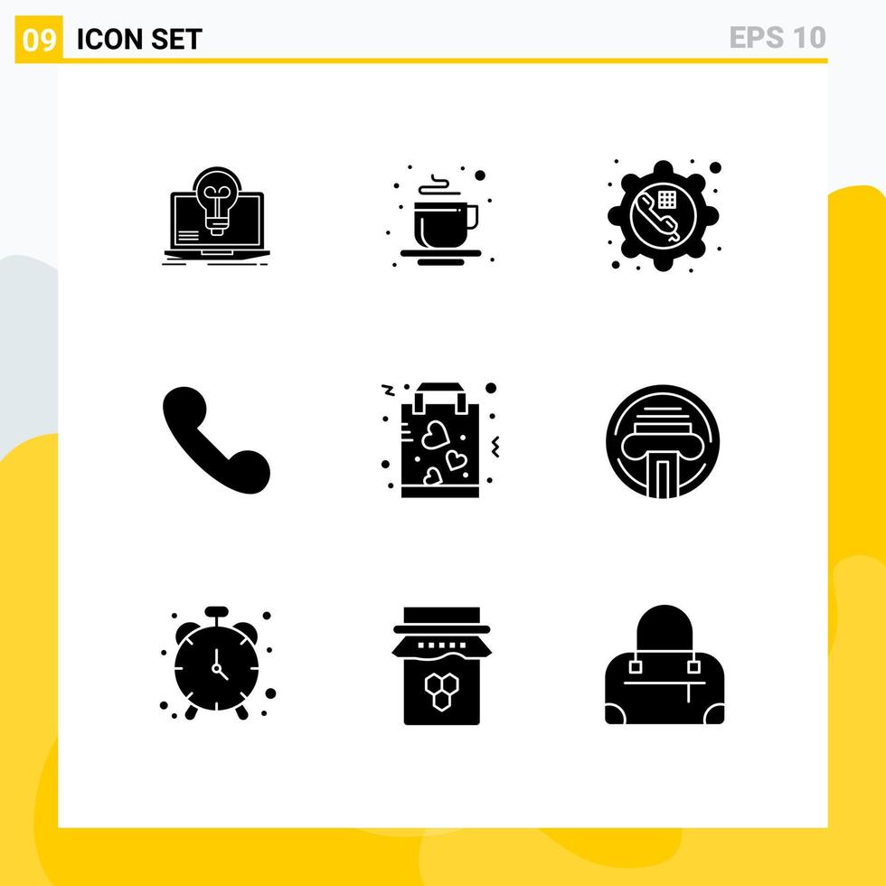 Solid Glyph Pack of 9 Universal Symbols of buy incoming tea place call gear Editable Vector Design Elements