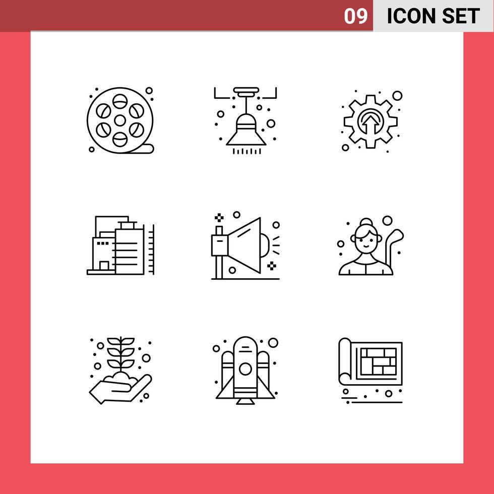 Mobile Interface Outline Set of 9 Pictograms of marketing industry cogwheel factory building Editable Vector Design Elements