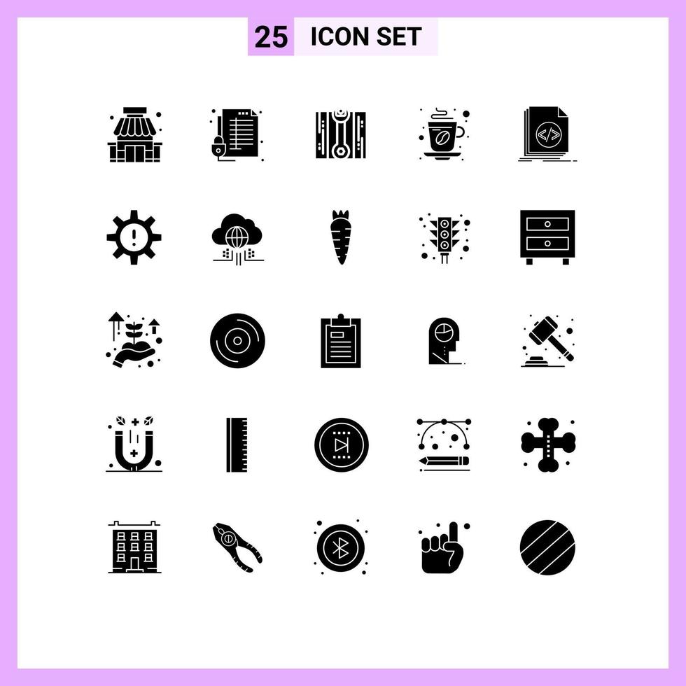 25 User Interface Solid Glyph Pack of modern Signs and Symbols of code coffee secure tea cup Editable Vector Design Elements