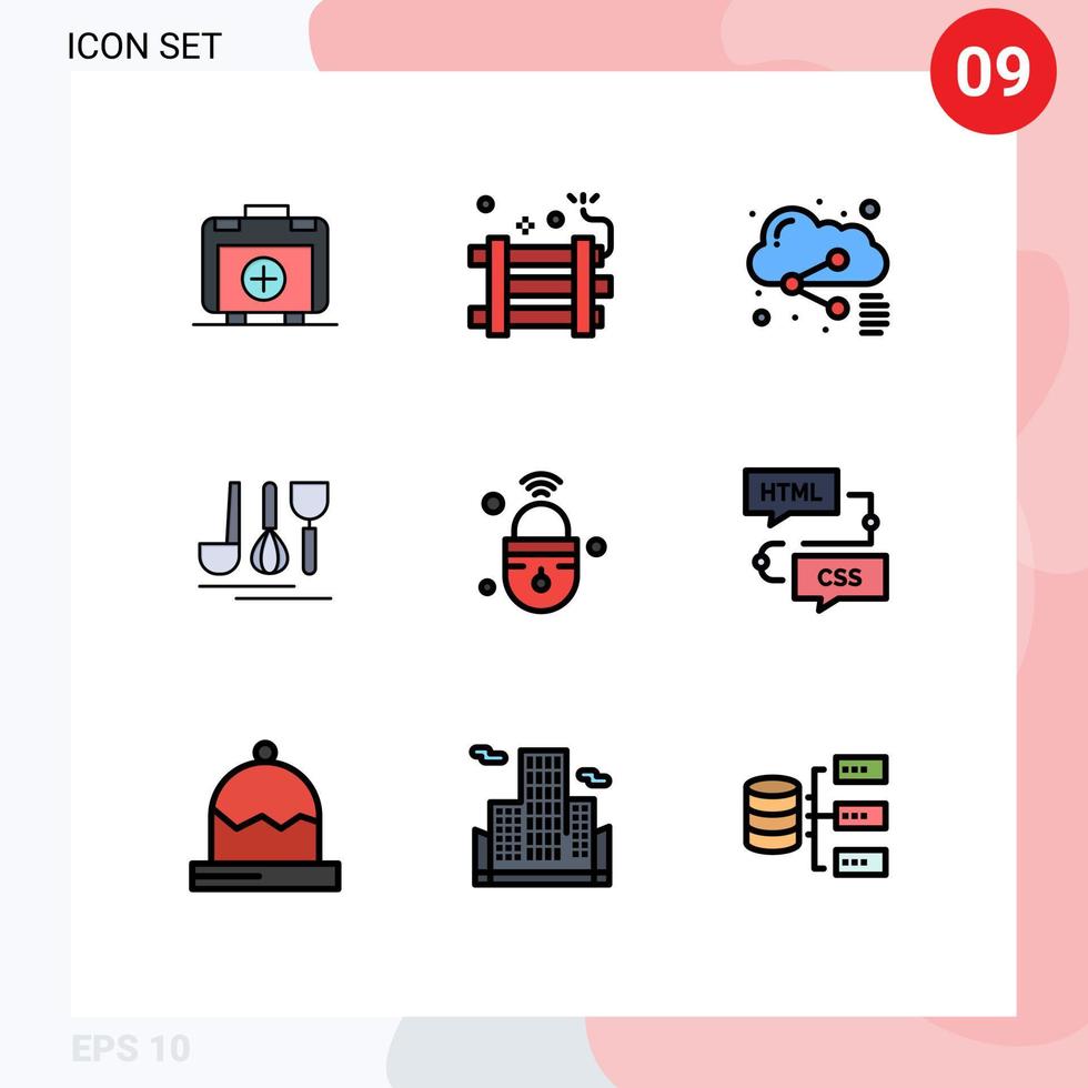 Pack of 9 Modern Filledline Flat Colors Signs and Symbols for Web Print Media such as internet of things service party bomb hotel sharing Editable Vector Design Elements