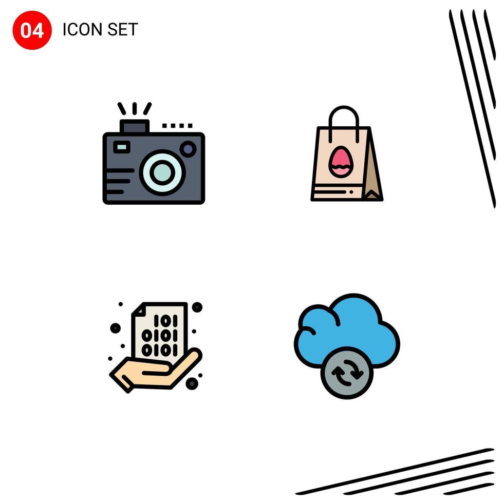 Modern Set of 4 Filledline Flat Colors Pictograph of camera code photography bag share Editable Vector Design Elements