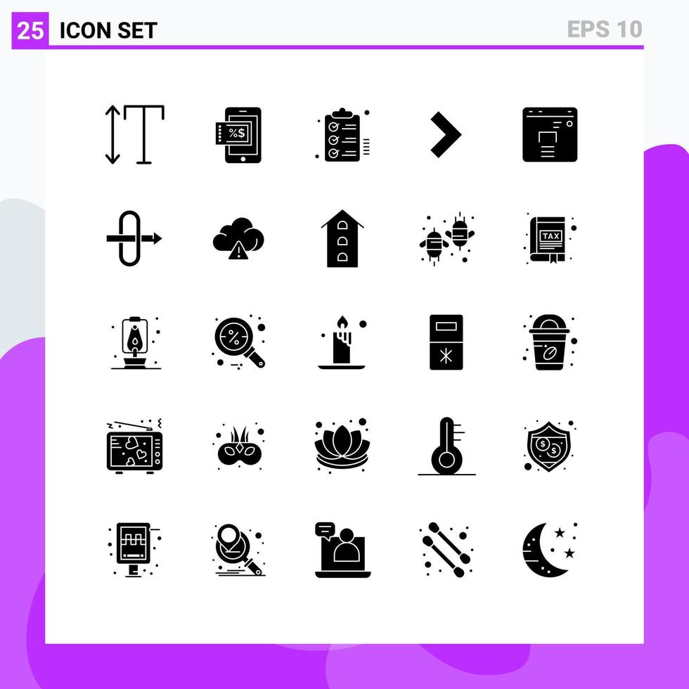 Pack of 25 creative Solid Glyphs of gateway finance tasks business right Editable Vector Design Elements
