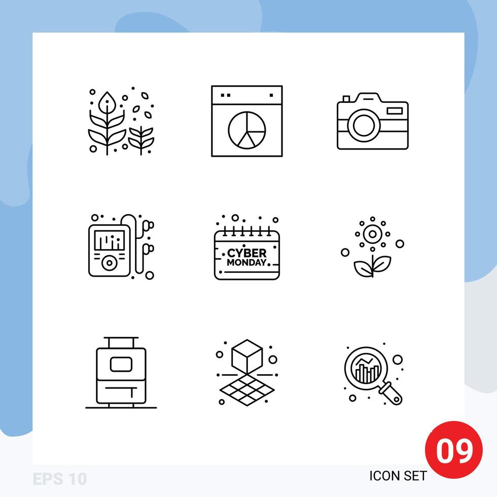 Set of 9 Modern UI Icons Symbols Signs for calendar music pie multimedia photography Editable Vector Design Elements