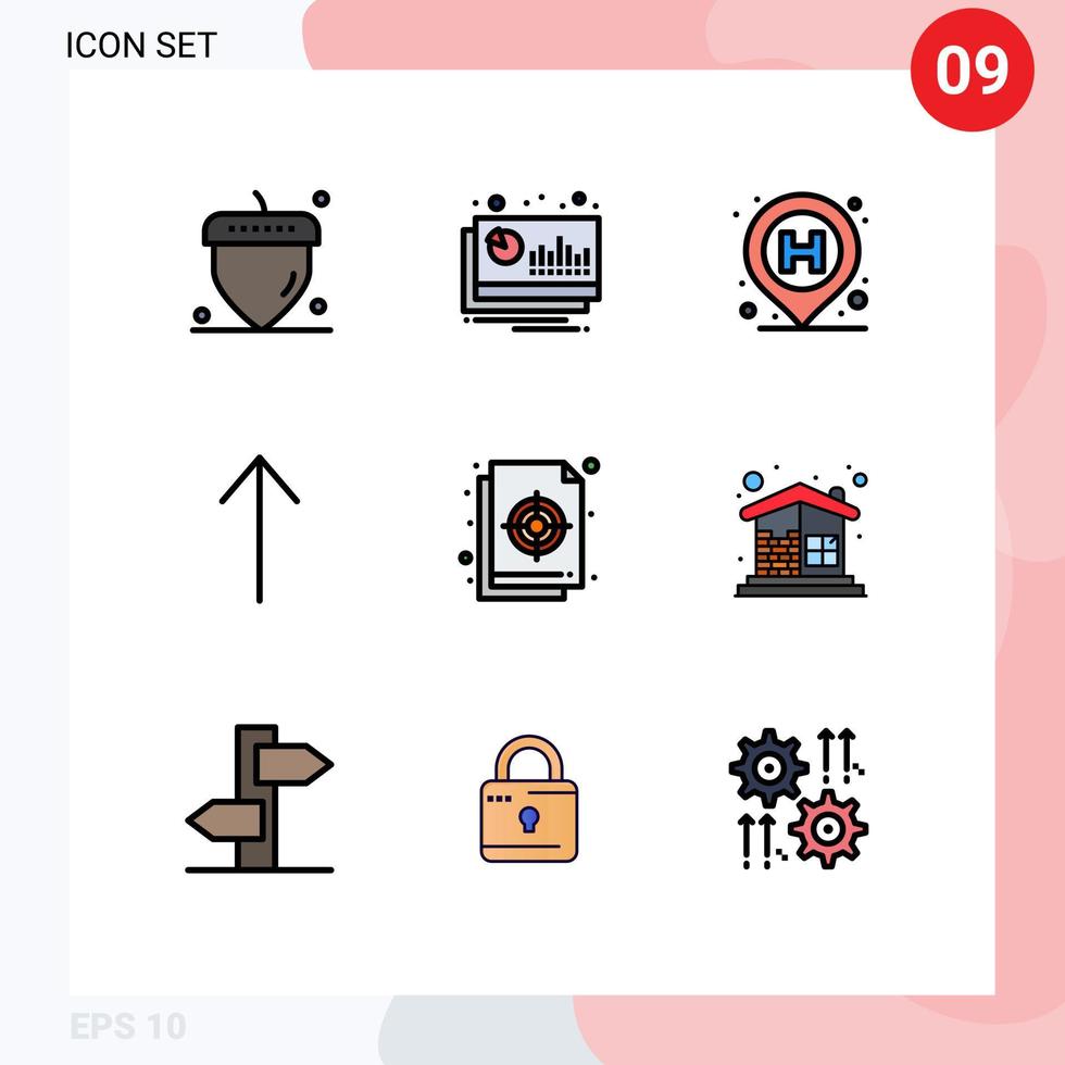 conjunto de pictogramas de 9 colores planos de línea de llenado simple de elementos de diseño vectorial editables de flecha circular de hospital de color objetivo vector