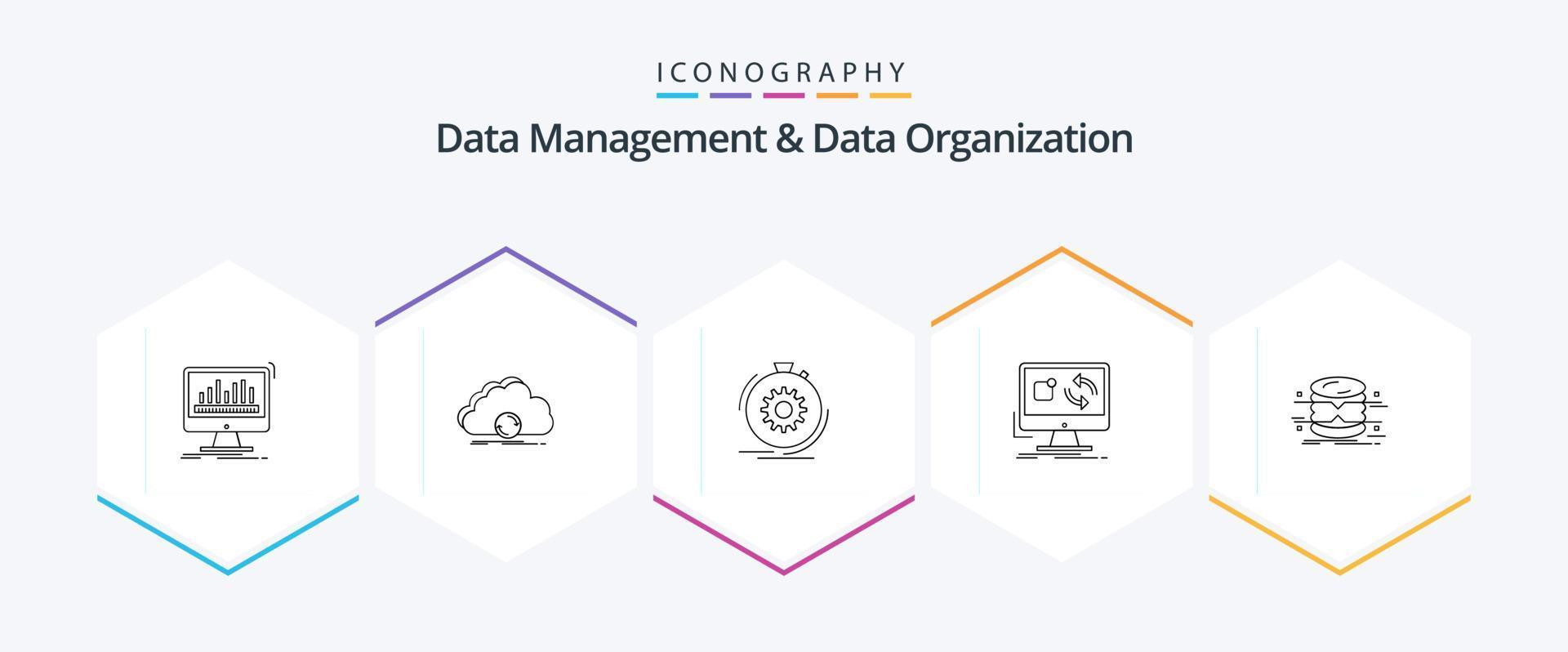 Data Management And Data Organization 25 Line icon pack including application. update. data. speed. performance vector