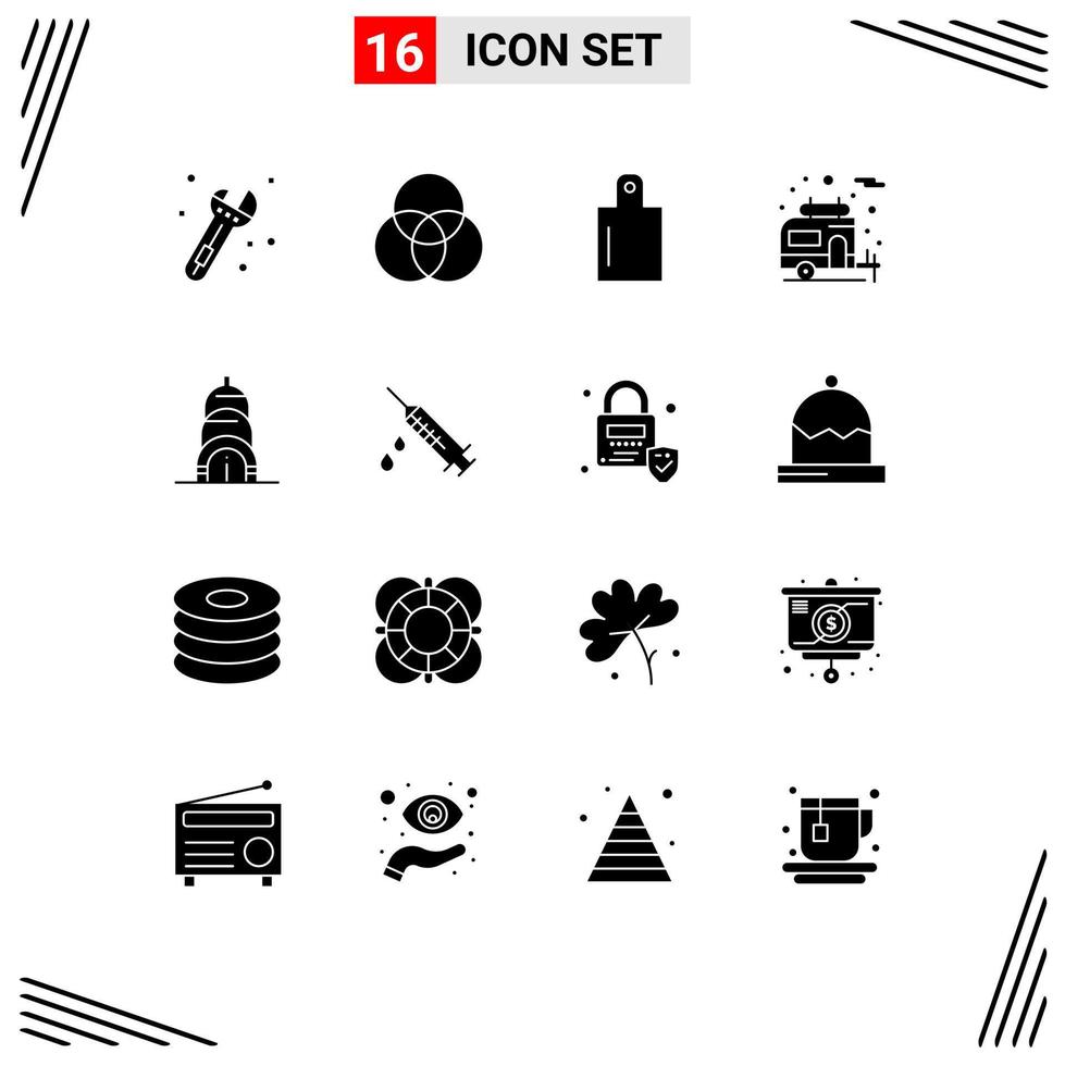 Pack of 16 Modern Solid Glyphs Signs and Symbols for Web Print Media such as drug injection camper dope building Editable Vector Design Elements
