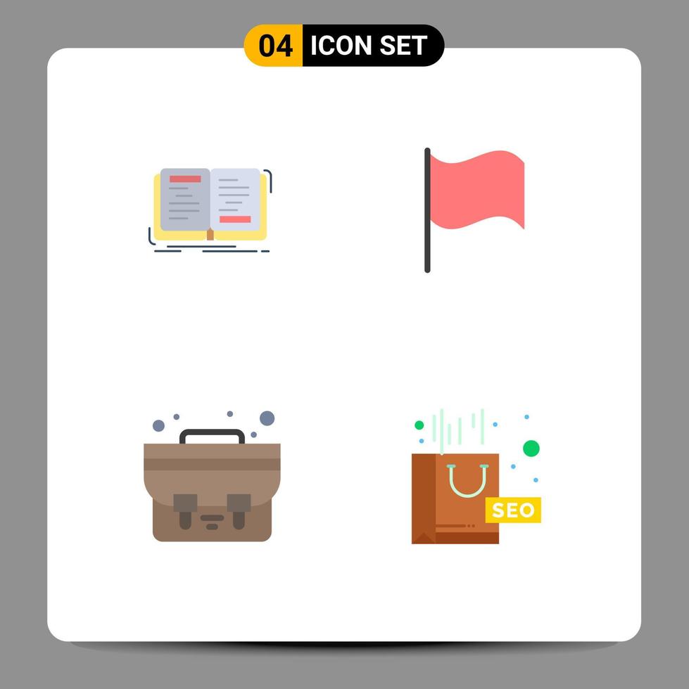 Set of 4 Commercial Flat Icons pack for book school bag writing flag complex Editable Vector Design Elements